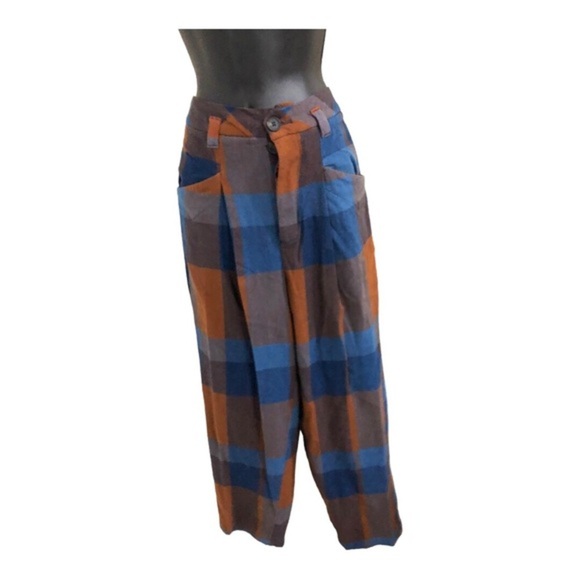 Free People cass brown blue plaid look slouchy midrise tapered trouser pants sz4 - Picture 5 of 13